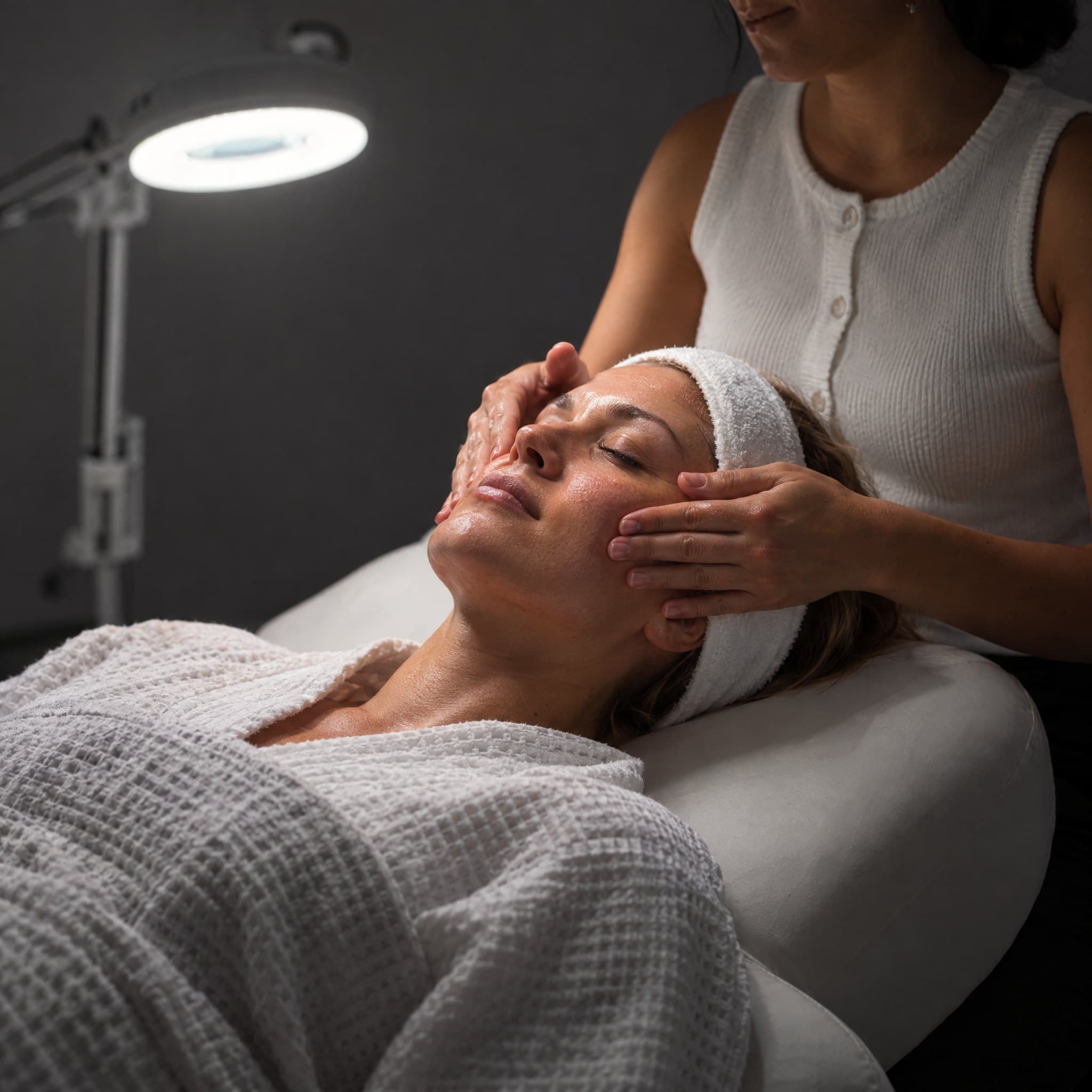 An esthetician performing a facial massage under a lighted magnifying lamp