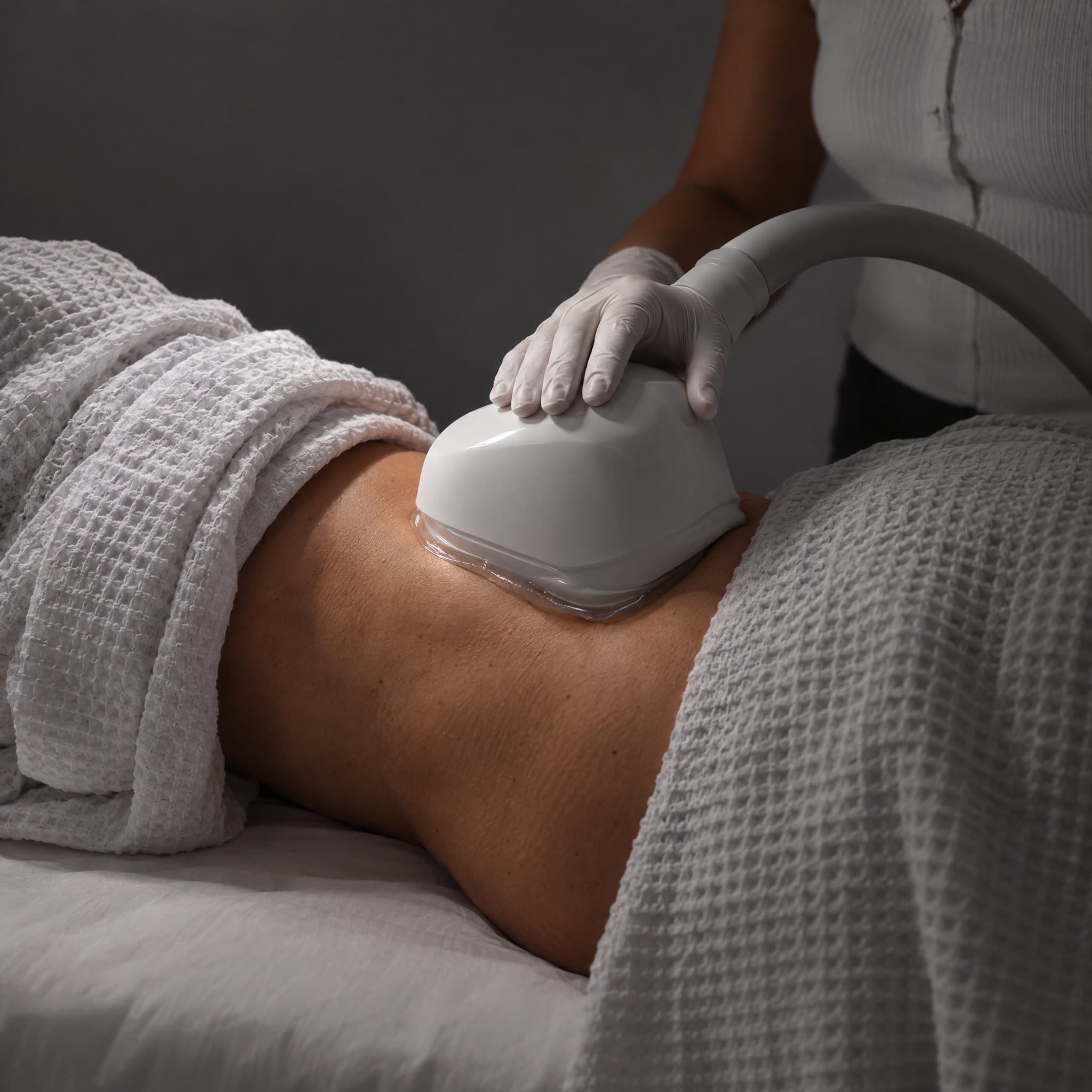 A body contouring applicator being worked across a client's midsection
