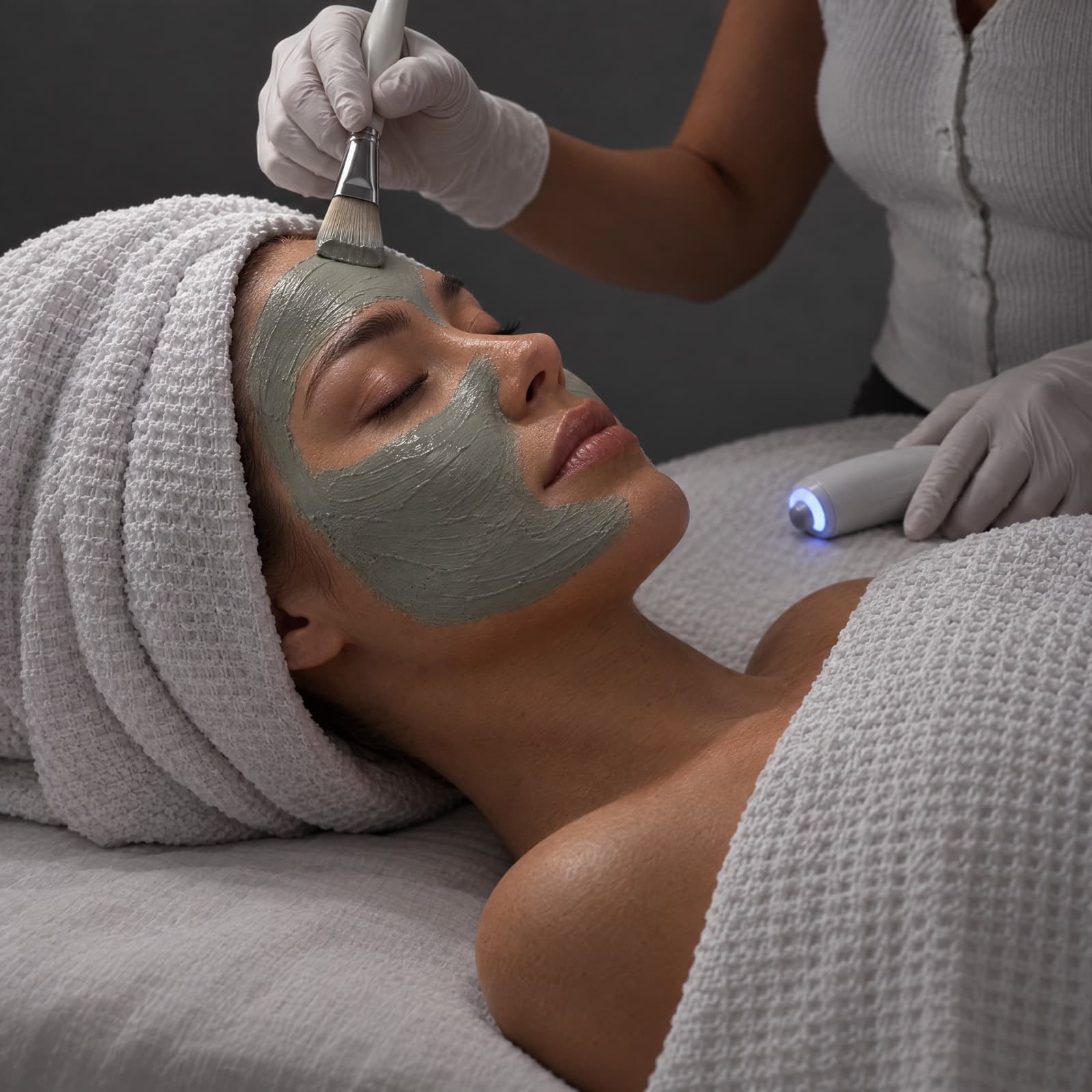 A gloved esthetician brushes green clay mask onto a reclining client's face in a dim treatment room