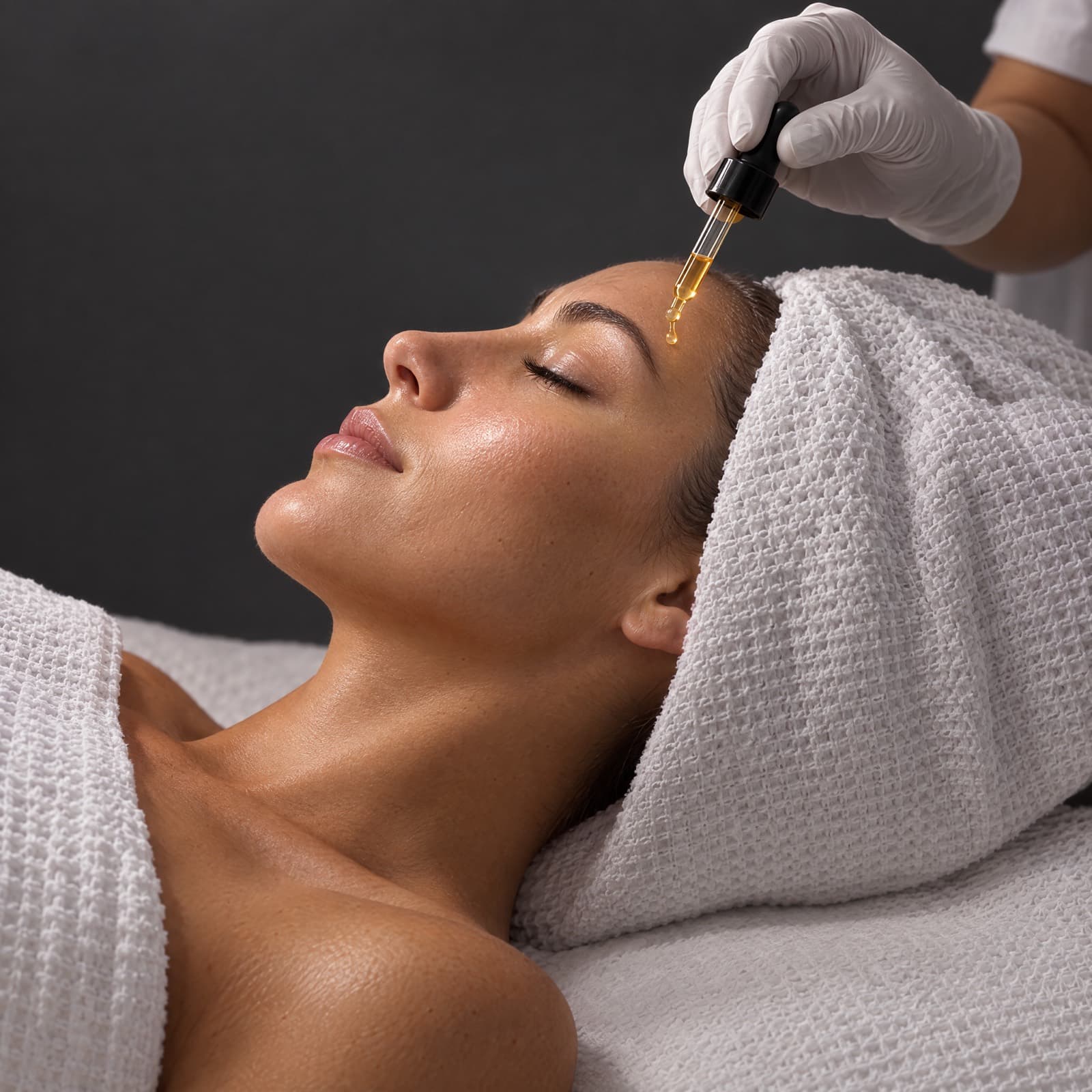 A gloved esthetician drops brightening serum onto the forehead of a client resting in a towel wrap