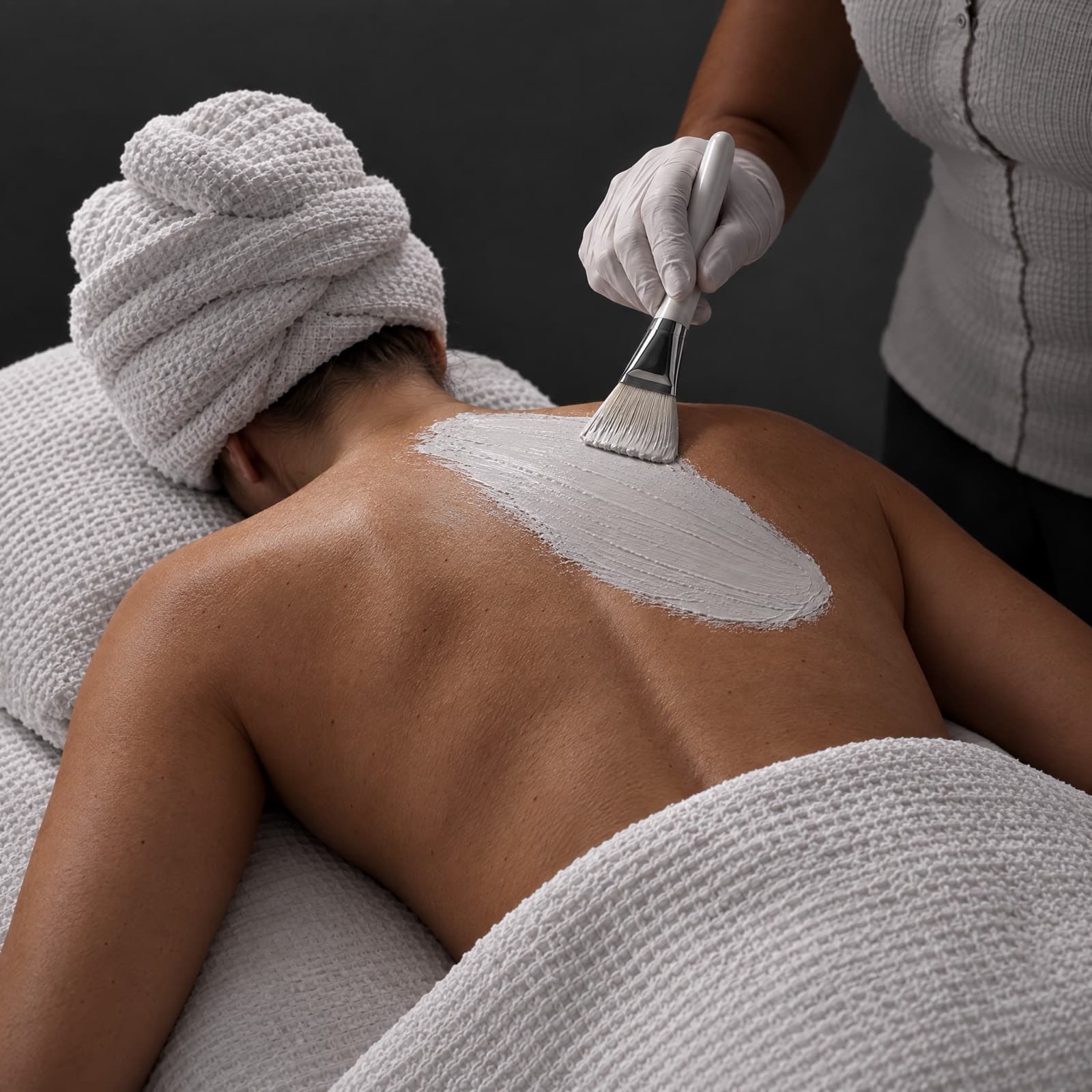 An esthetician brushes a white clay mask across the upper back of a client lying face down