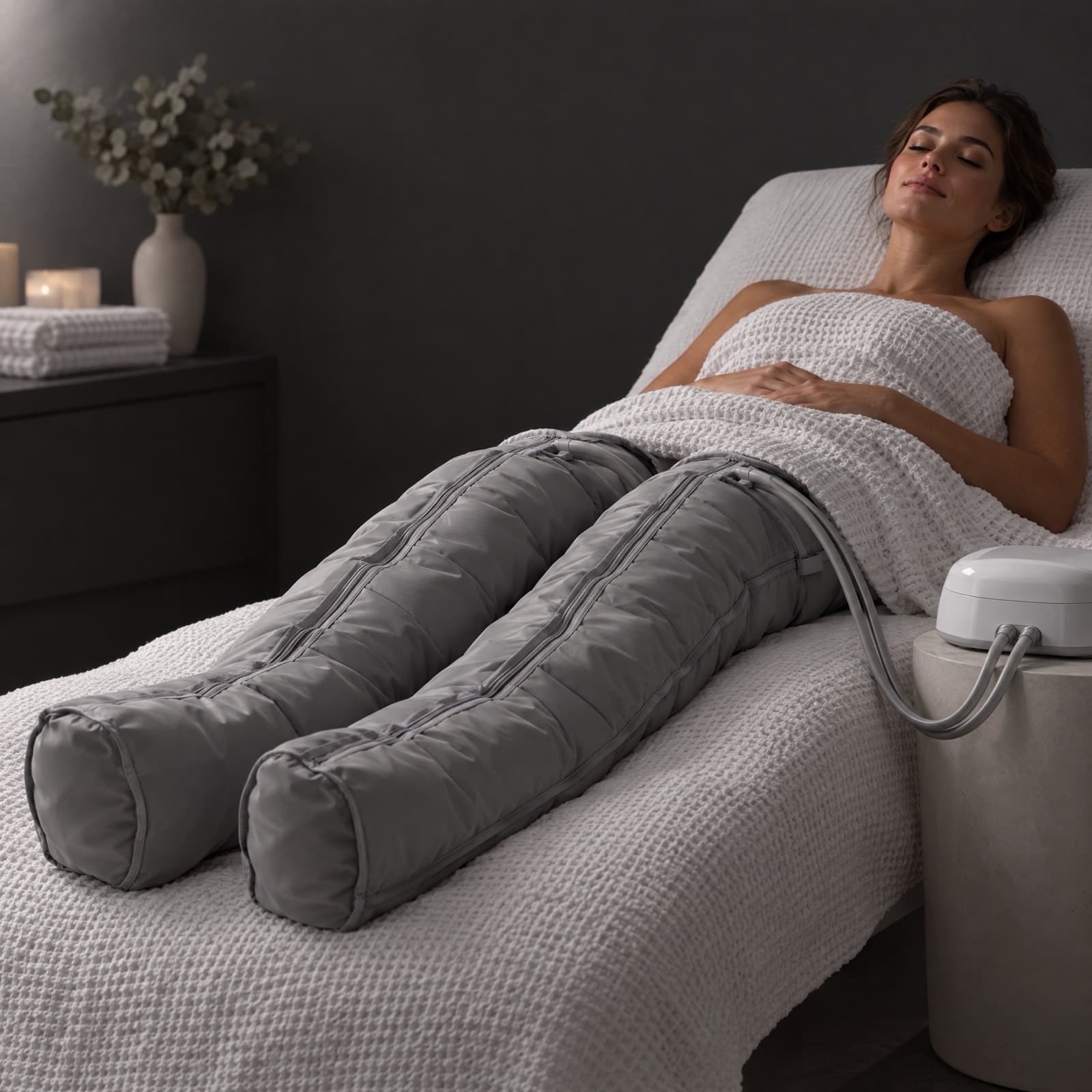 A client reclines beneath a waffle blanket as grey compression boots inflate in a candlelit room