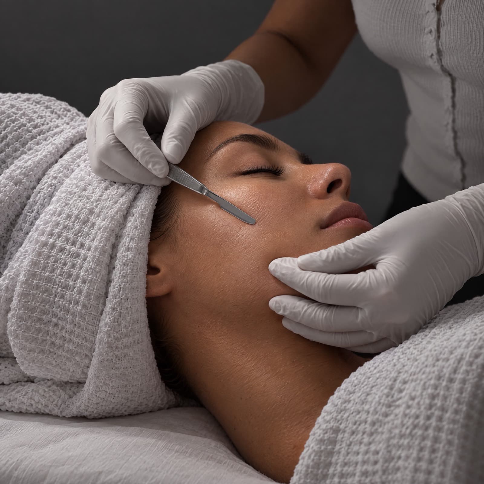 A gloved esthetician draws a dermaplaning blade across a reclining client's cheek, hair wrapped in towel