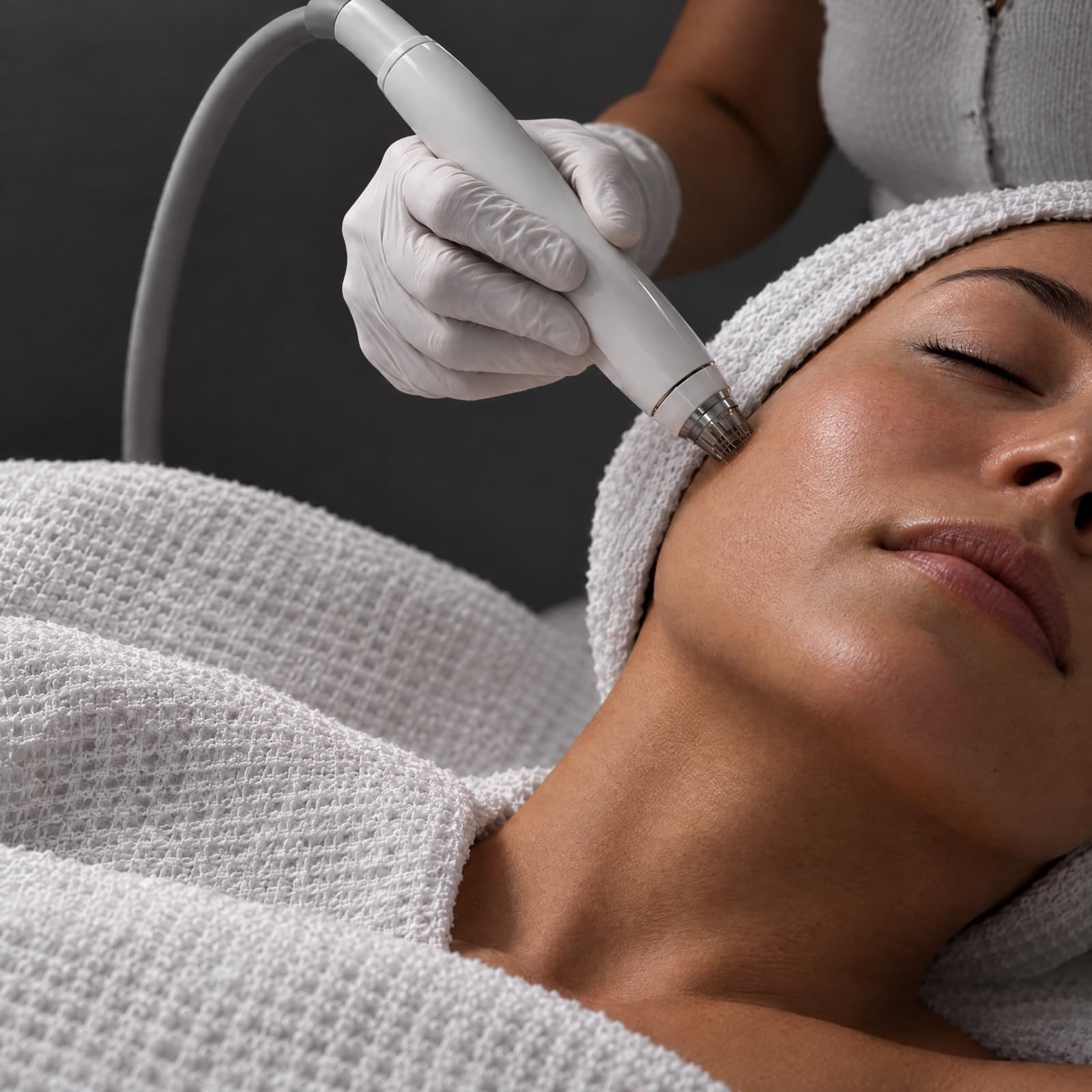 A gloved esthetician passes a metal-tipped resurfacing handpiece over a towel-wrapped client's cheek
