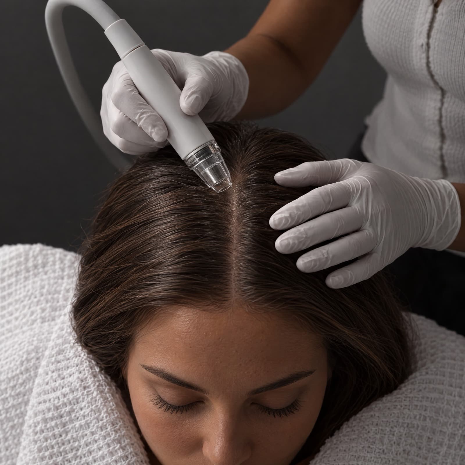 Gloved esthetician guides a clear-tipped hydradermabrasion wand along the scalp part of a reclining client