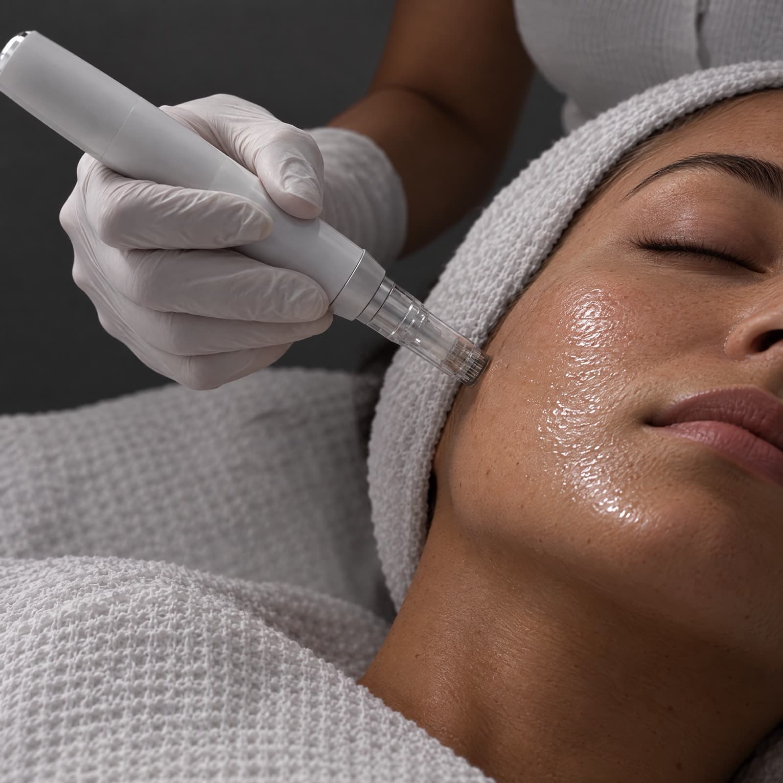 A gloved esthetician guides a needle-cartridge pen across a reclining client's serum-glazed cheek in close-up