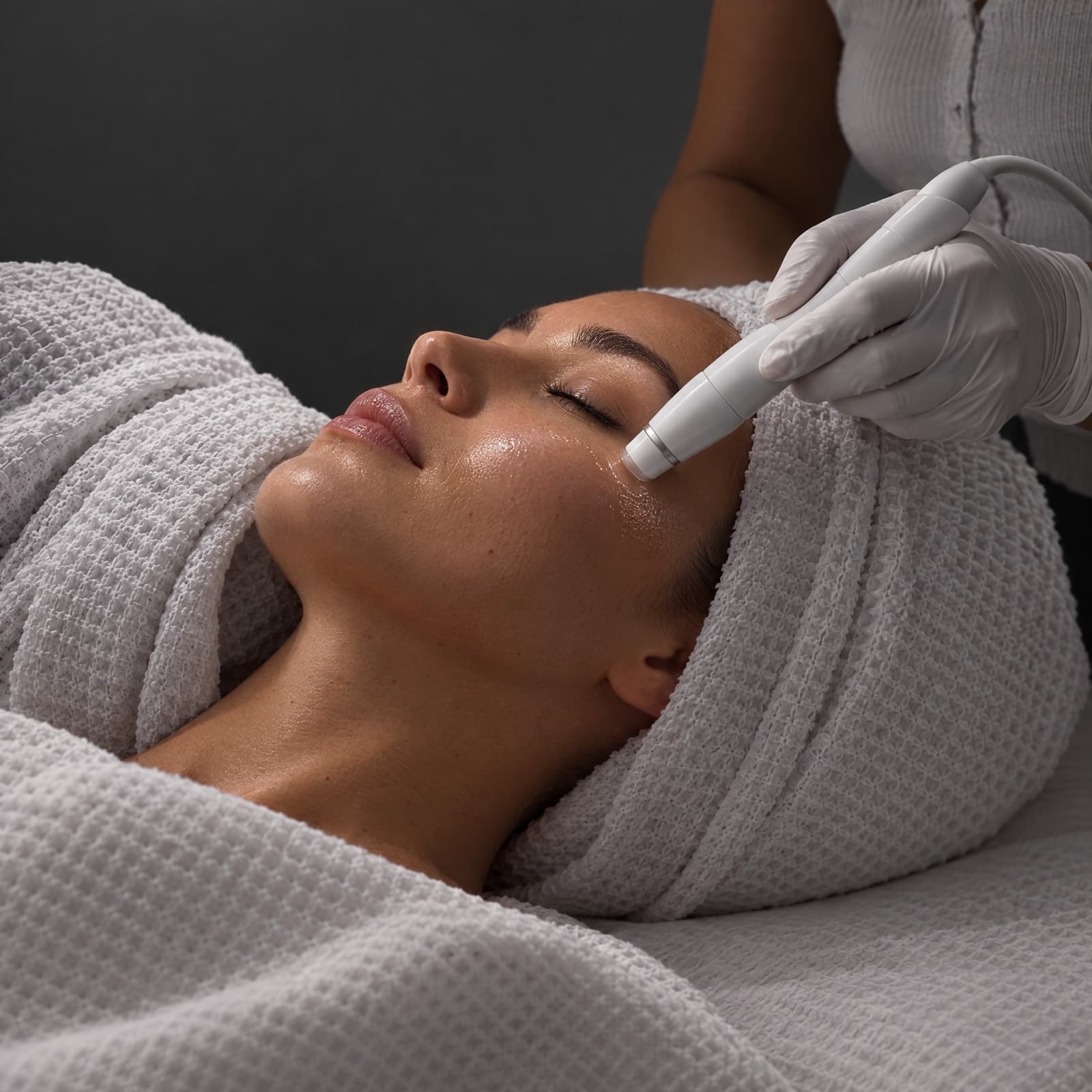 A gloved esthetician passes a slim corded handpiece over a towel-wrapped client's serum-glossed brow