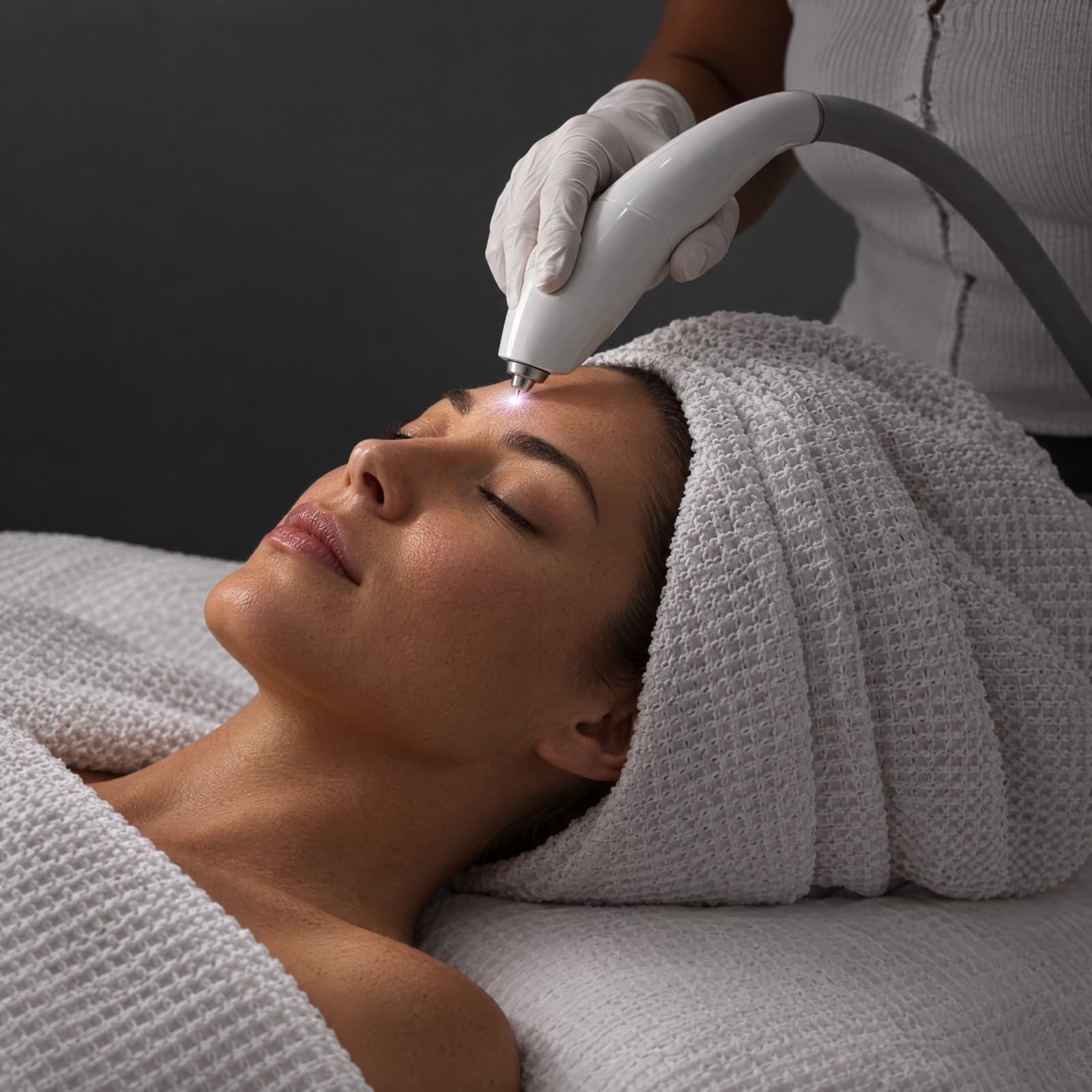 An esthetician guides a white handpiece across a reclining client's forehead, a point of light sparking at the tip