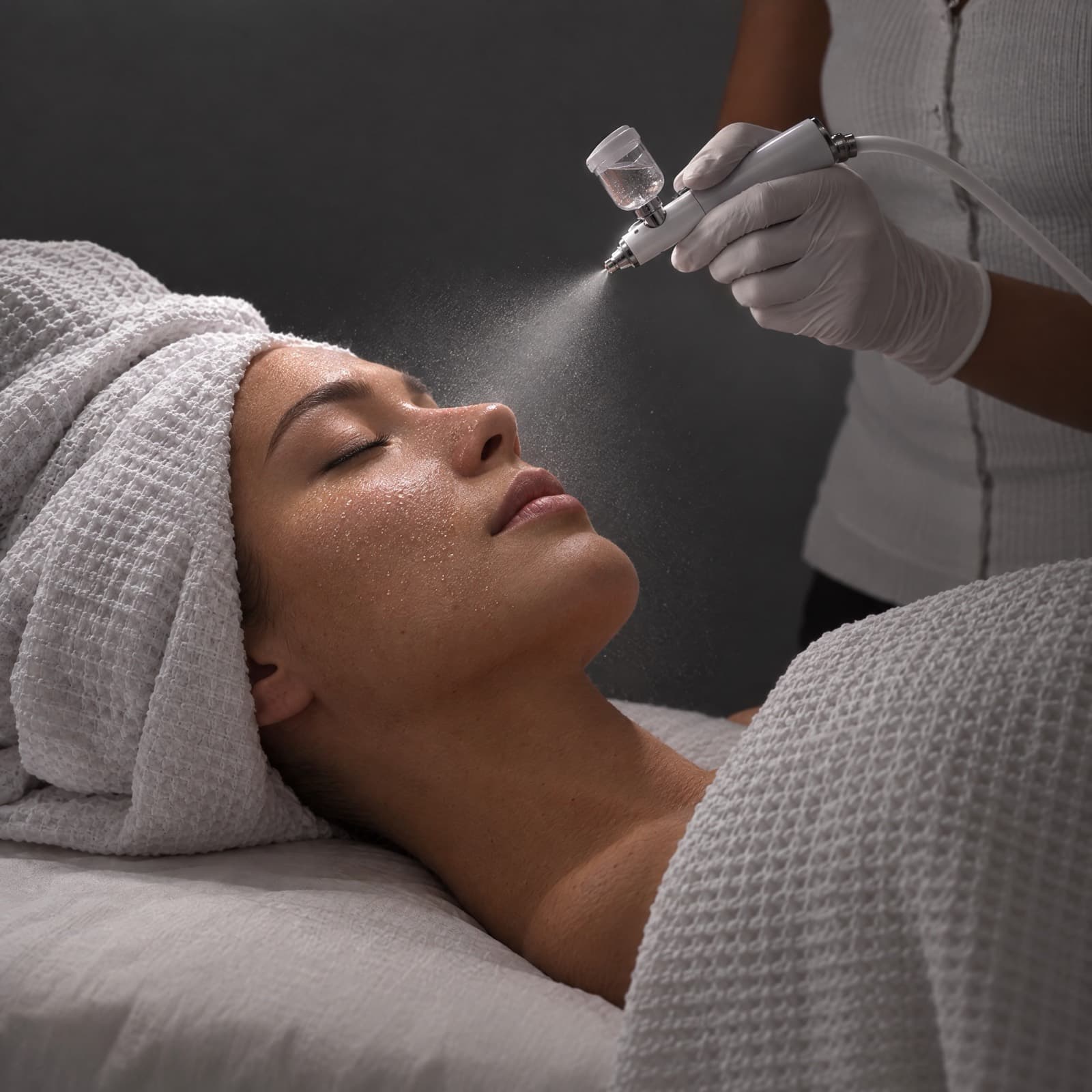 An esthetician sprays a fine mist from an airbrush handpiece over a towel-wrapped client's dewy face