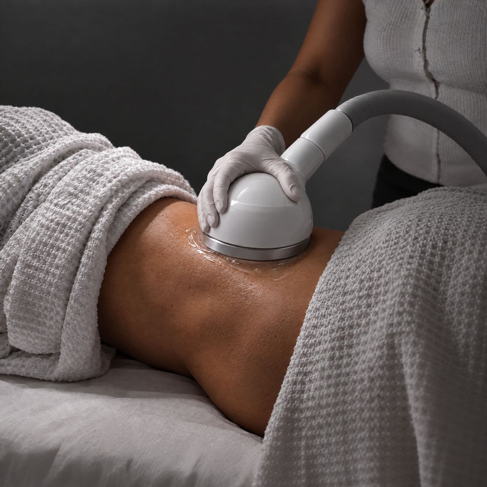 A gloved provider presses a domed white handpiece to a draped client's gel-covered side