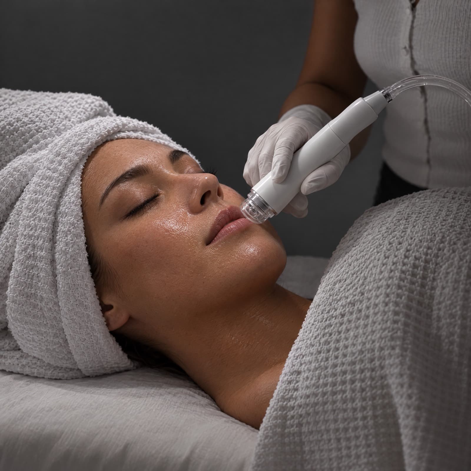 An esthetician holds a vacuum-tipped suction wand to a reclining client's cheek, skin glistening under studio lighting
